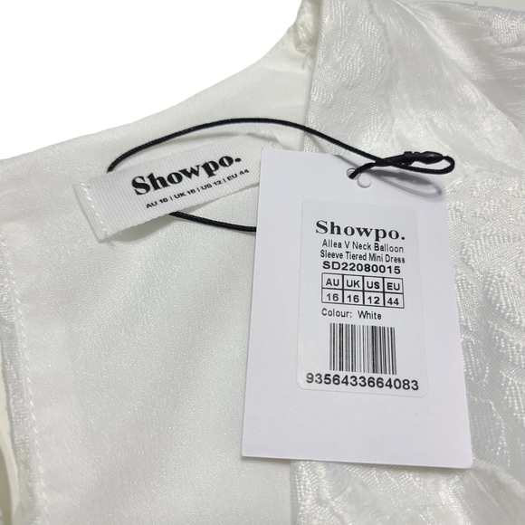 Showpo. Allea Jacquard V Neck Balloon Sleeve Tiered Mini Dress White - Picture 8 of 8